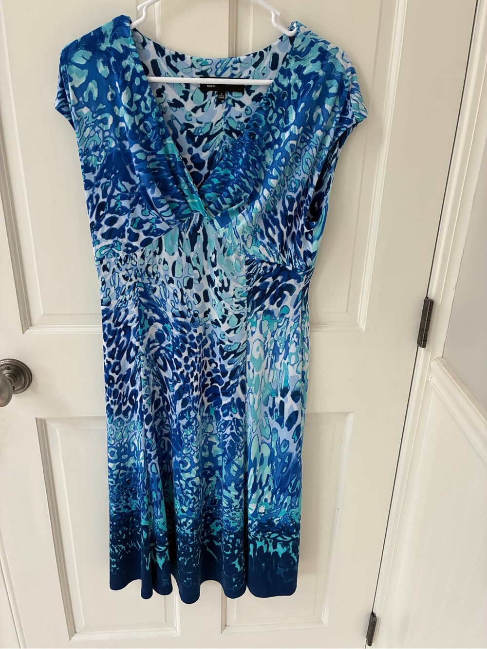 Jones New York Blue Teal Printed V-Neck Dress